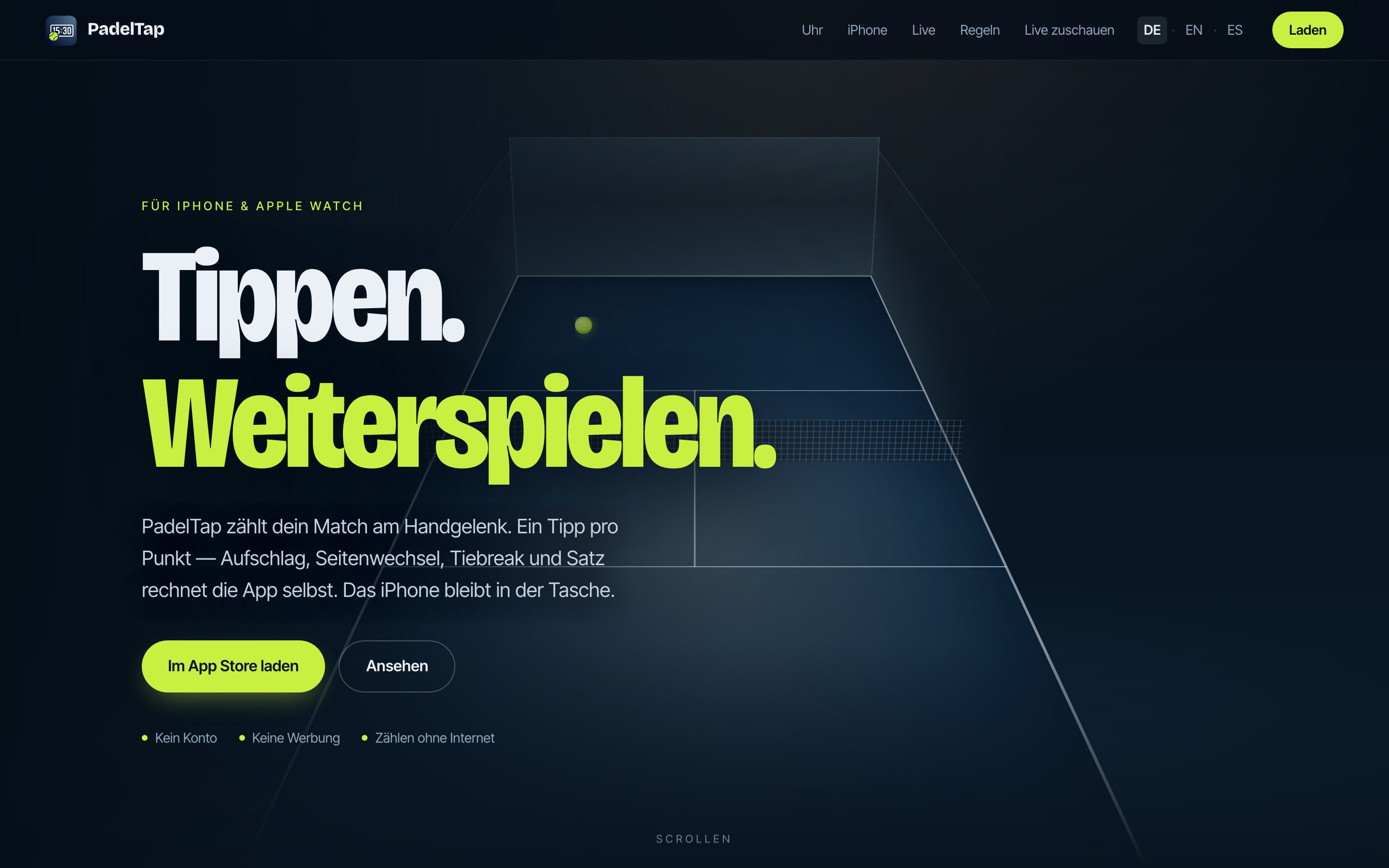 Screenshot der Website PadelTap